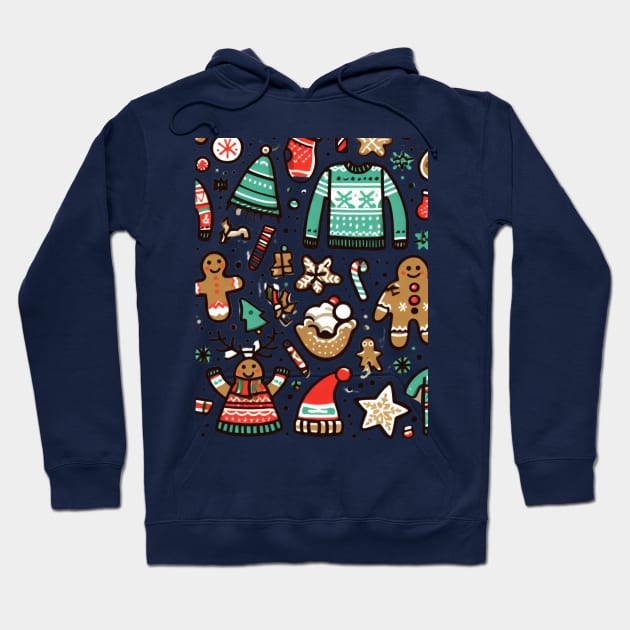 a fun and quirky collage of various holiday-themed elements to create the ultimate "Ugly Christmas Sweater" pattern. Think reindeer, snowflakes, gingerbread men, and more. Hoodie by maricetak